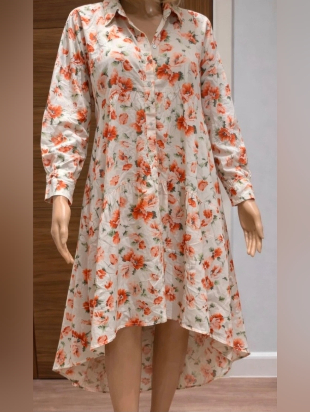 Zara Cream Floral High-Low Shirt Dress with Orange Blooms